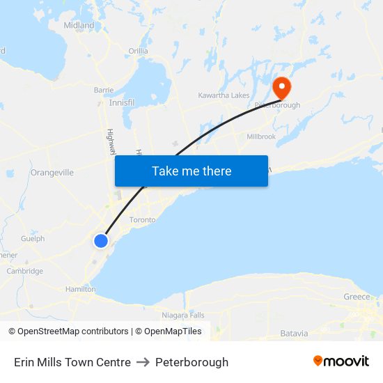 Erin Mills Town Centre to Peterborough map