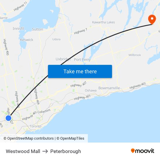 Westwood Mall to Peterborough map