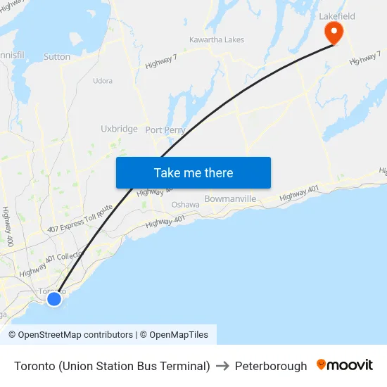 Toronto (Union Station Bus Terminal) to Peterborough map