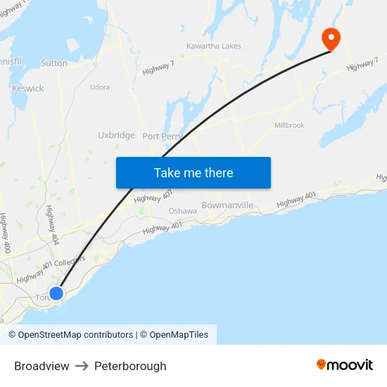 Broadview to Peterborough map