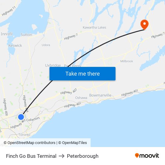 Finch Go Bus Terminal to Peterborough map