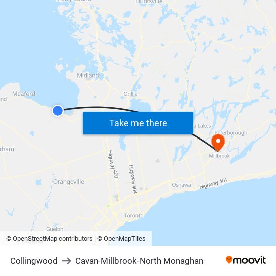 Collingwood to Cavan-Millbrook-North Monaghan map