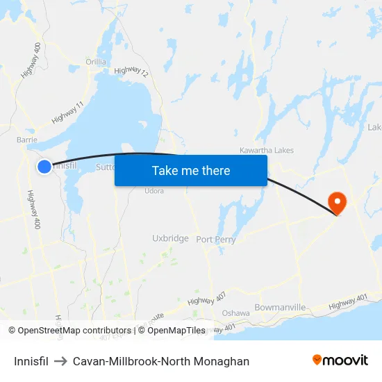 Innisfil to Cavan-Millbrook-North Monaghan map