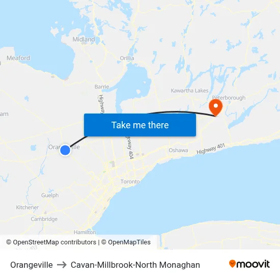 Orangeville to Cavan-Millbrook-North Monaghan map