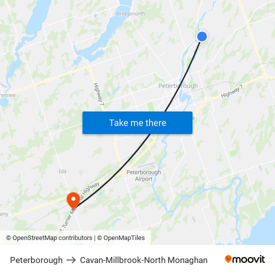 Peterborough to Cavan-Millbrook-North Monaghan map