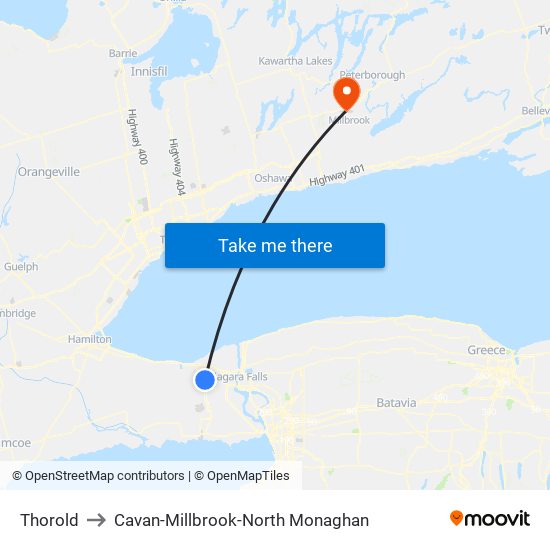 Thorold to Cavan-Millbrook-North Monaghan map