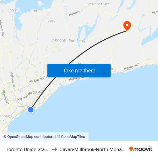 Toronto Union Station to Cavan-Millbrook-North Monaghan map