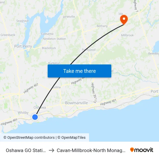 Oshawa GO Station to Cavan-Millbrook-North Monaghan map