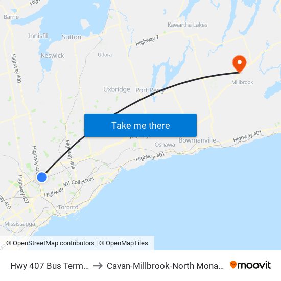 Hwy 407 Bus Terminal to Cavan-Millbrook-North Monaghan map