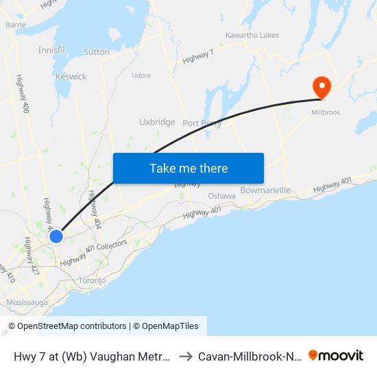 Hwy 7 at (Wb) Vaughan Metropolitan Centre Station to Cavan-Millbrook-North Monaghan map