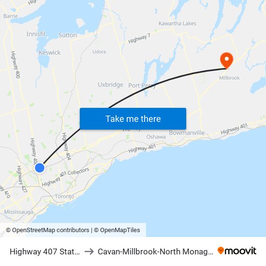 Highway 407 Station to Cavan-Millbrook-North Monaghan map