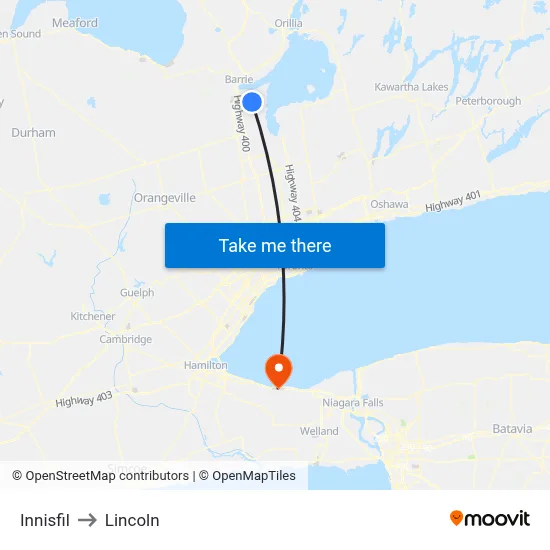 Innisfil to Lincoln map