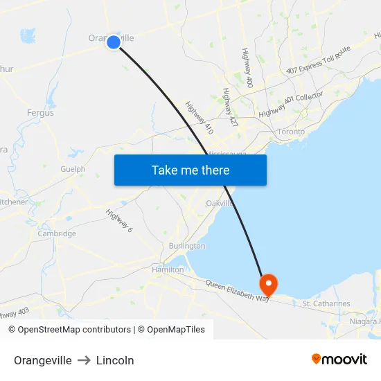 Orangeville to Lincoln map