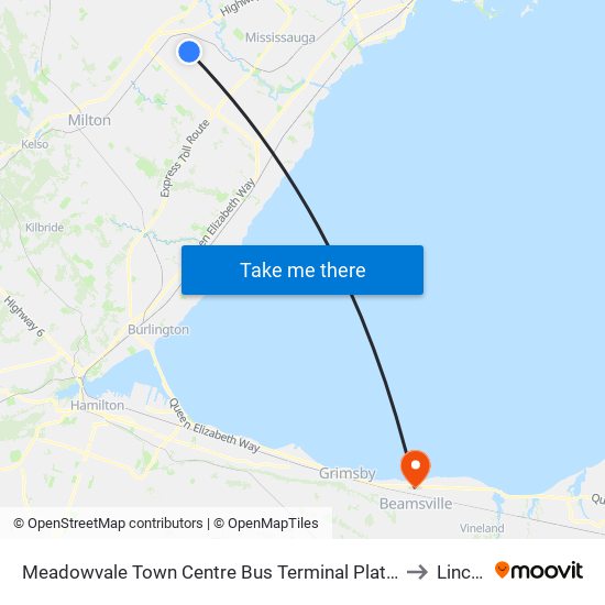 Meadowvale Town Centre Bus Terminal Platform H, I, J to Lincoln map