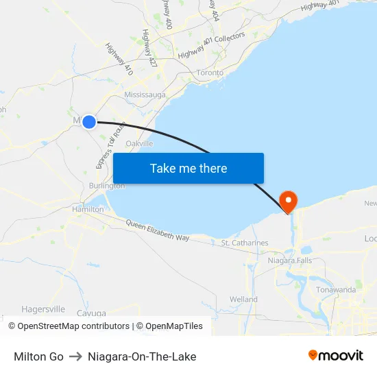 Milton Go to Niagara-On-The-Lake map