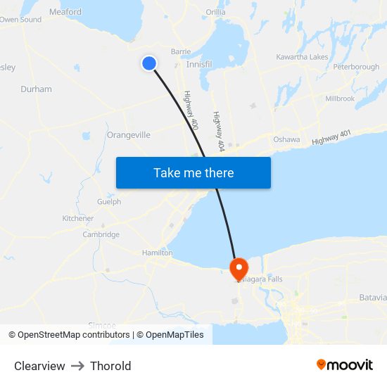 Clearview to Thorold map