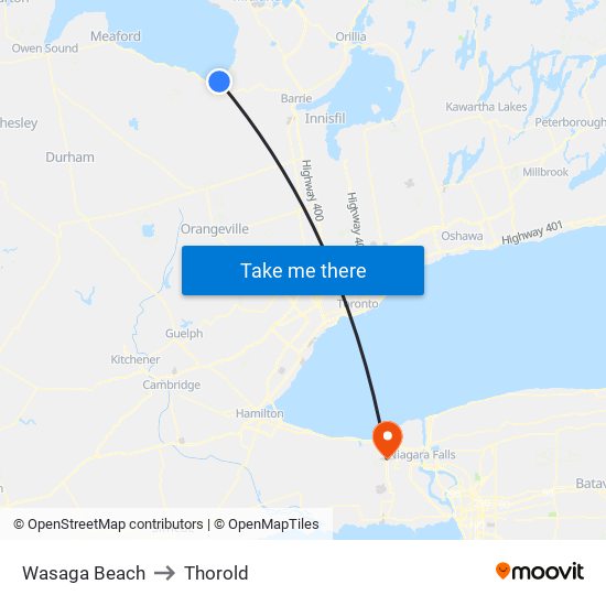 Wasaga Beach to Thorold map