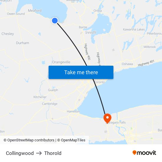 Collingwood to Thorold map