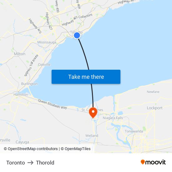 Toronto to Thorold map