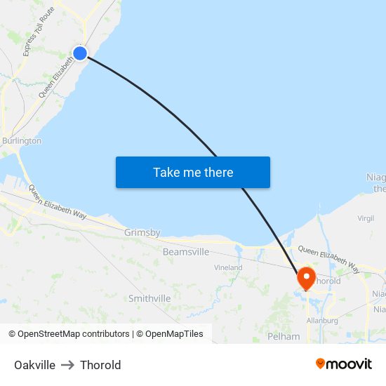 Oakville to Thorold map