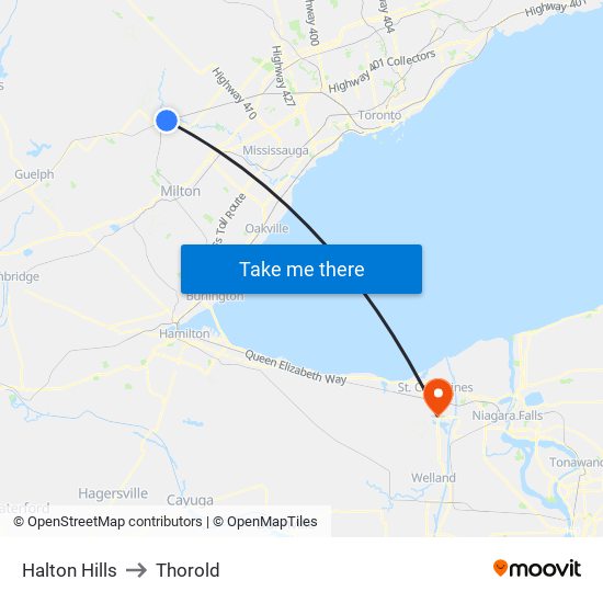 Halton Hills to Thorold map