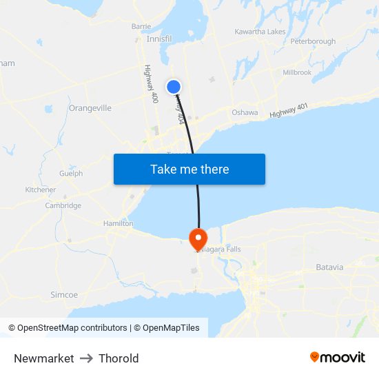 Newmarket to Thorold map