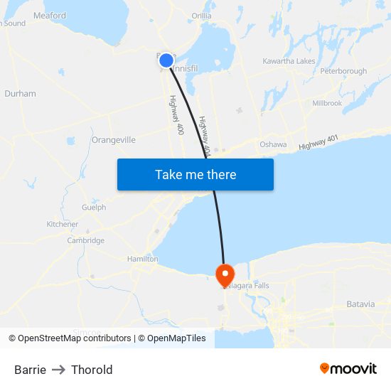 Barrie to Thorold map