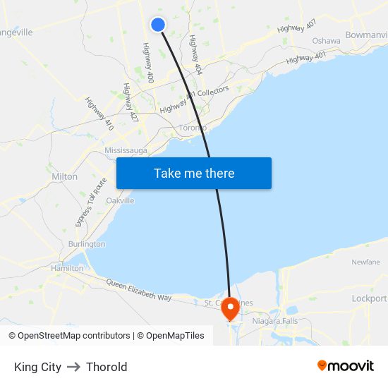 King City to Thorold map