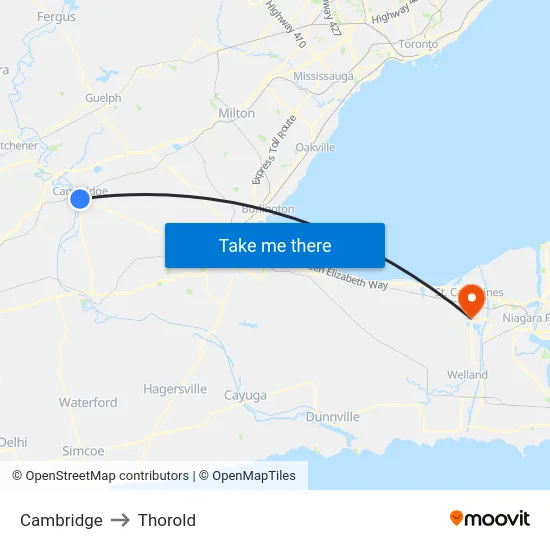 Cambridge to Thorold map