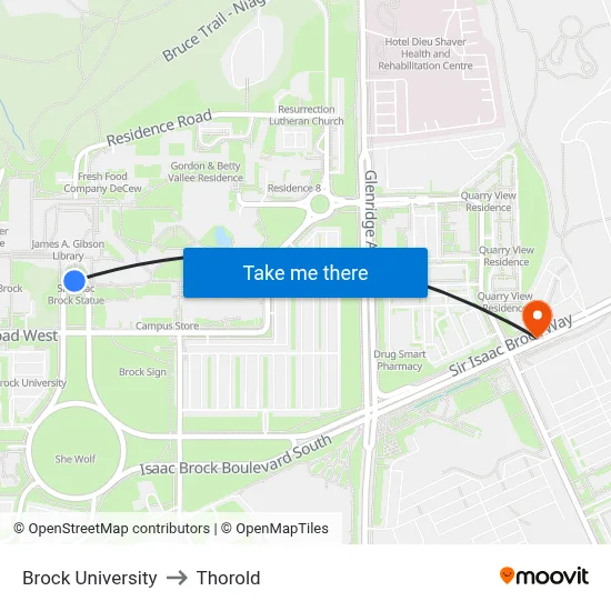 Brock University to Thorold map