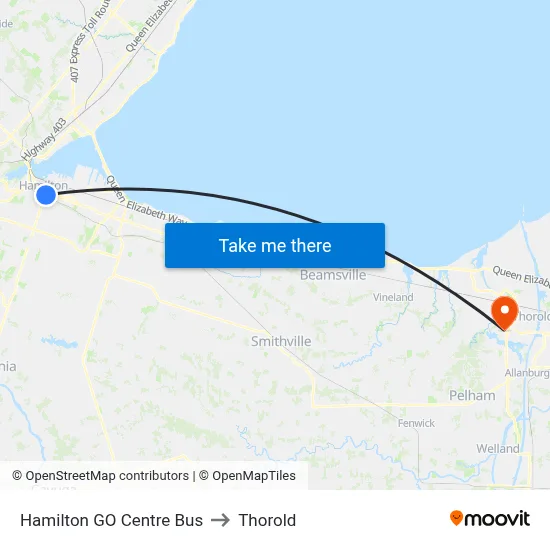Hamilton GO Centre Bus to Thorold map