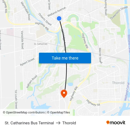 St. Catharines Bus Terminal to Thorold map
