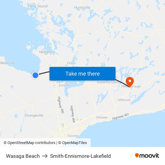 Wasaga Beach to Smith-Ennismore-Lakefield map