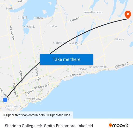 Sheridan College to Smith-Ennismore-Lakefield map