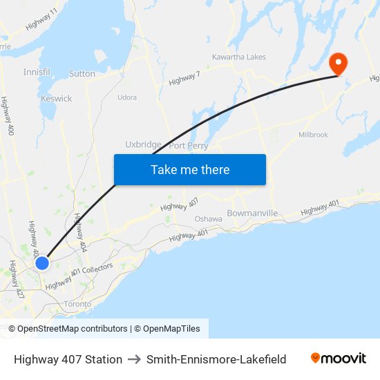 Highway 407 Station to Smith-Ennismore-Lakefield map