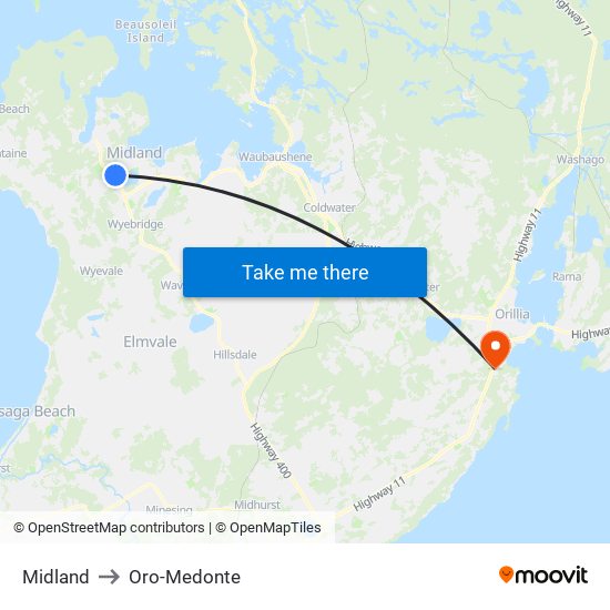 Midland to Oro-Medonte map