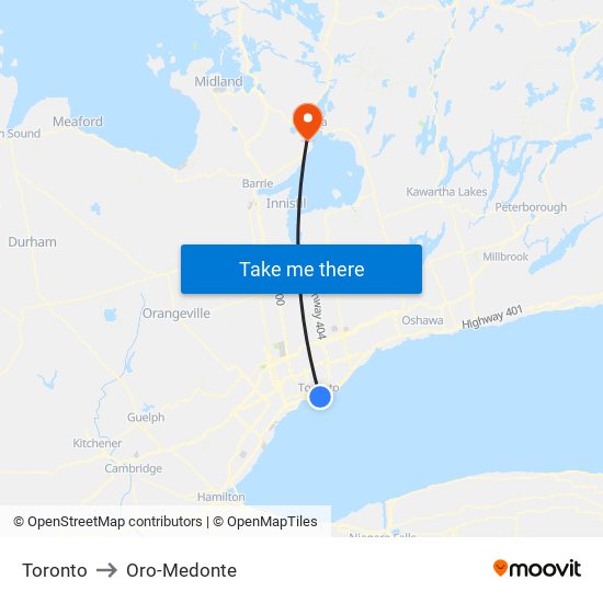 Toronto to Oro-Medonte map
