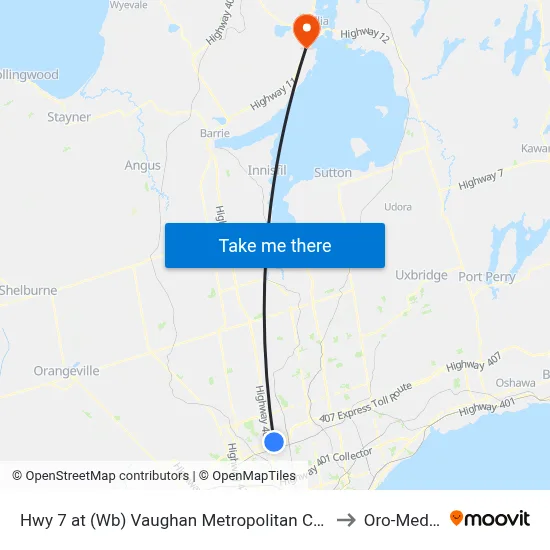Hwy 7 at (Wb) Vaughan Metropolitan Centre Station to Oro-Medonte map