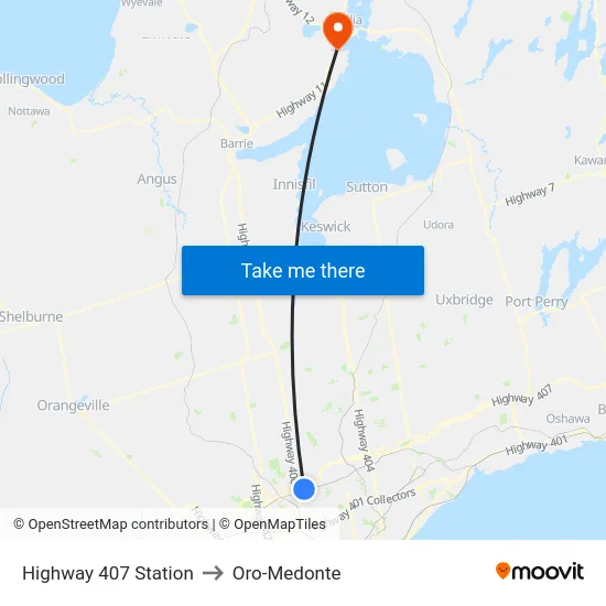 Highway 407 Station to Oro-Medonte map