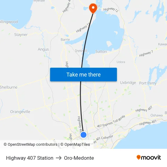 Highway 407 Station to Oro-Medonte map