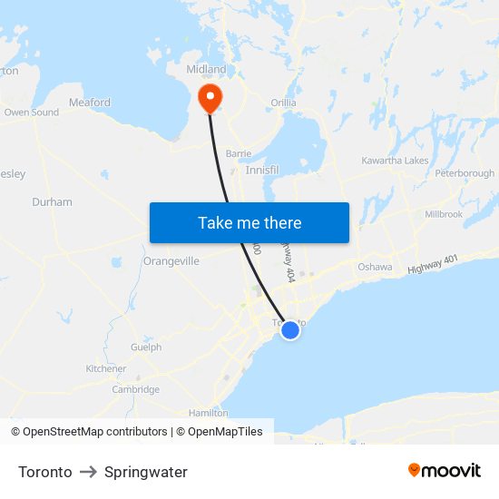Toronto to Springwater map
