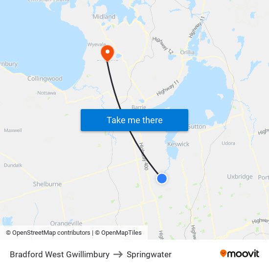 Bradford West Gwillimbury to Springwater map