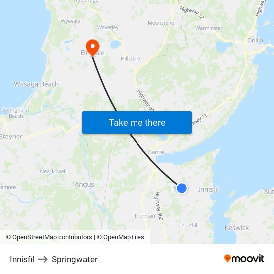 Innisfil to Springwater map