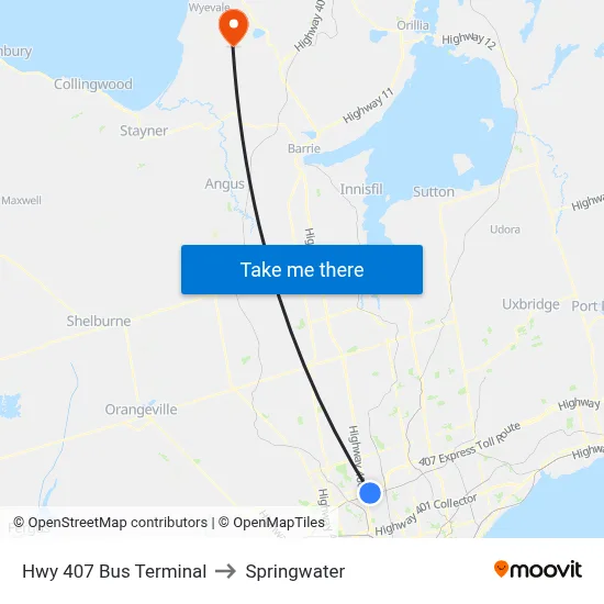 Hwy 407 Bus Terminal to Springwater map