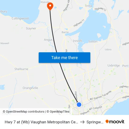 Hwy 7 at (Wb) Vaughan Metropolitan Centre Station to Springwater map