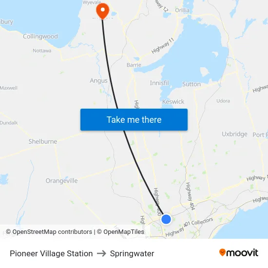 Pioneer Village Station to Springwater map