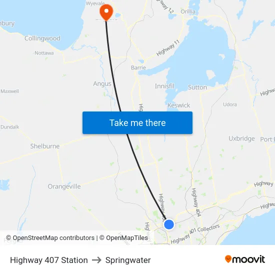 Highway 407 Station to Springwater map
