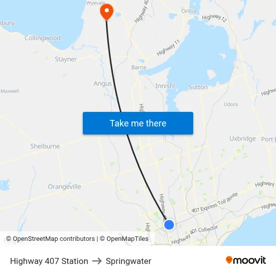 Highway 407 Station to Springwater map