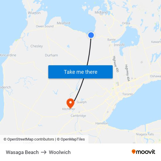 Wasaga Beach to Woolwich map