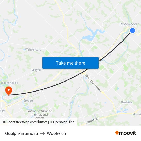 Guelph/Eramosa to Woolwich map